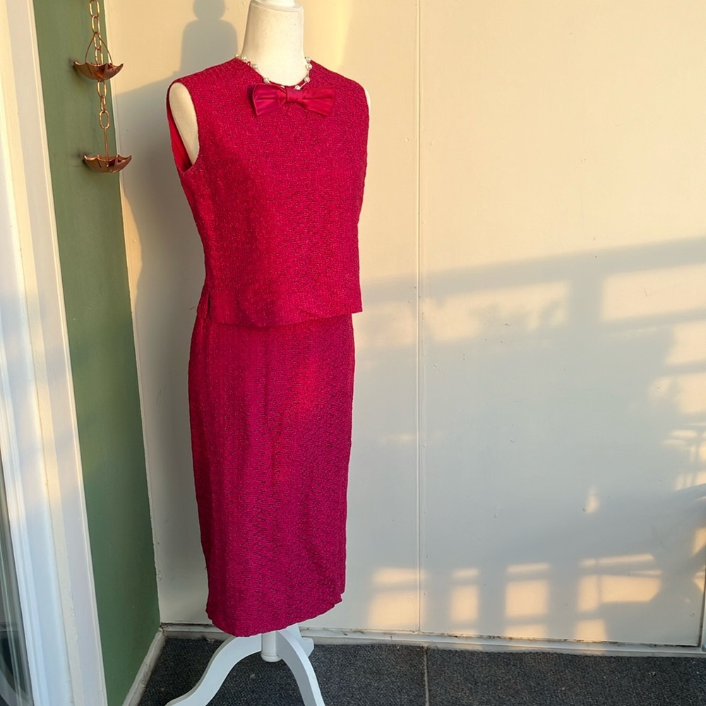 Vintage 60s Two Piece Magenta Skirt Set with Bow Detail